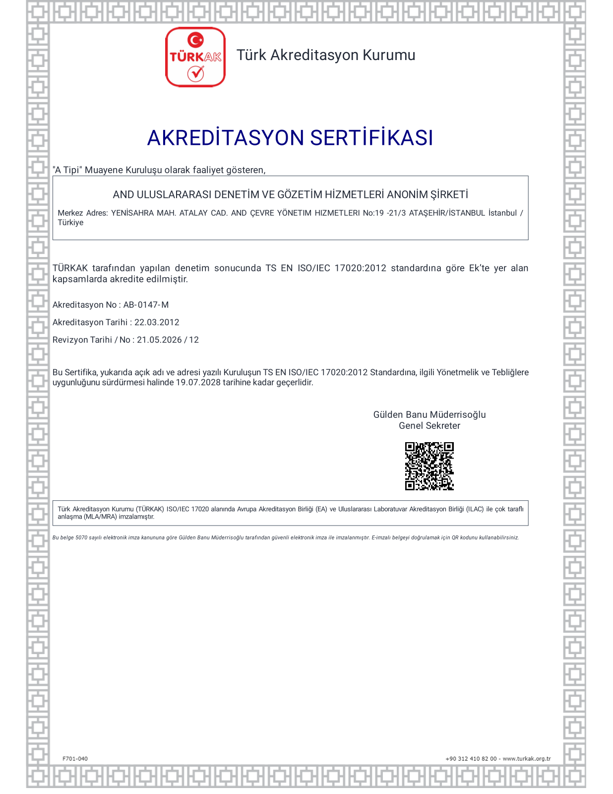AND Uluslararası Denetim ve Gözetim Hizmetleri A.Ş. TÜRKAK Akreditasyon Sertifikası kapak sayfası